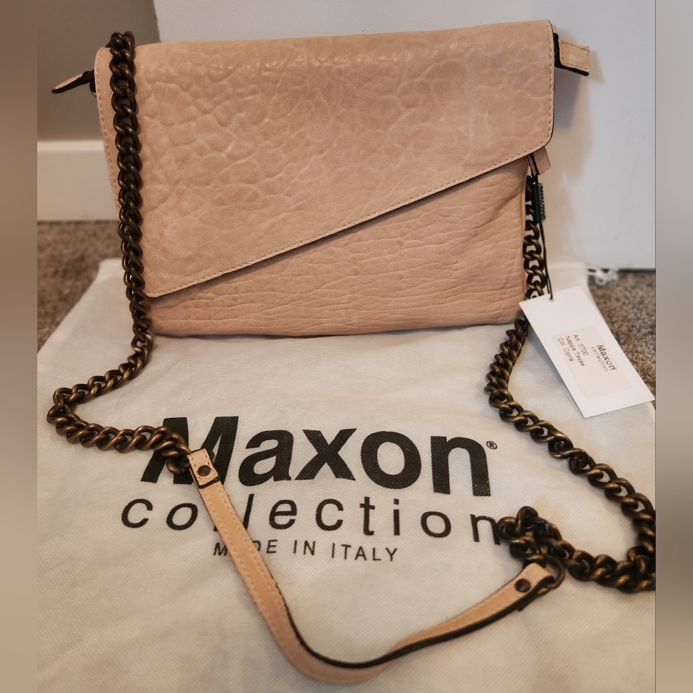 Maxon Collection Italian Napa Leather Asymmetric Flap Crossbody Bag, Cipria Pink